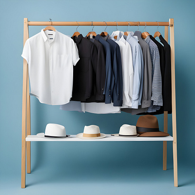 "A Neatly Arranged Clothing Rack with Shirts and a Hat"