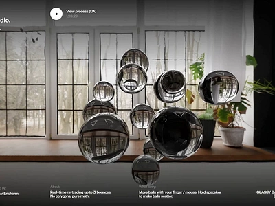 Glassy Balls — Raytracing in browser lesson (UA) 3d 3d animation creative glass glsl interactive interactive motion live motion motion graphics realtime three.js threejs web design webgl