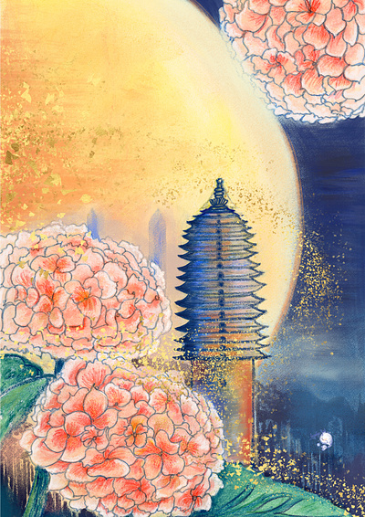 Mid-autumn Festival of the Three Pagoda chinese digitalpainting festival flowers illustration mid autumn moon mooncake pagoda pastel picture poster wacom