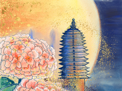 Mid-autumn Festival of the Three Pagoda chinese digitalpainting festival flowers illustration mid autumn moon mooncake pagoda pastel picture poster wacom