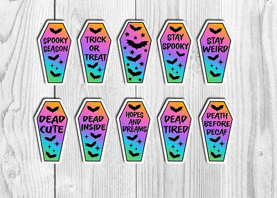 Coffin PNG Sticker Bundle bats coffin colorful dead cute dead inside dead tired death before decaf graphic design halloween stickers illustration kawaii png bundle rainbow spooky season stay spooky stay weird trick or treat