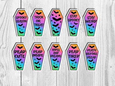 Coffin PNG Sticker Bundle bats coffin colorful dead cute dead inside dead tired death before decaf graphic design halloween stickers illustration kawaii png bundle rainbow spooky season stay spooky stay weird trick or treat