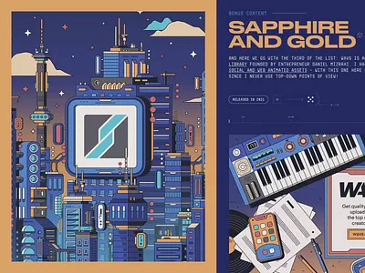 Sapphire & Gold – Animated Illustration Series beats cassette futuristic gold headphones illustration korg metropolis motion design music production music studio rhox sample library sapphire skyline skyscraper skyscrapers smartphone synthesizer vinyl player