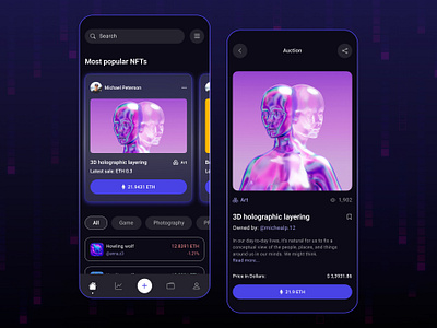 NFT Platform - Mobile App Design blockchain clean crypto cryptoart dark designinspiration digitalart digitalcollectibles dribbbleshowandtell innovation metaverse nft purple ui uiinspiration uiux uxdesign violet webdesign