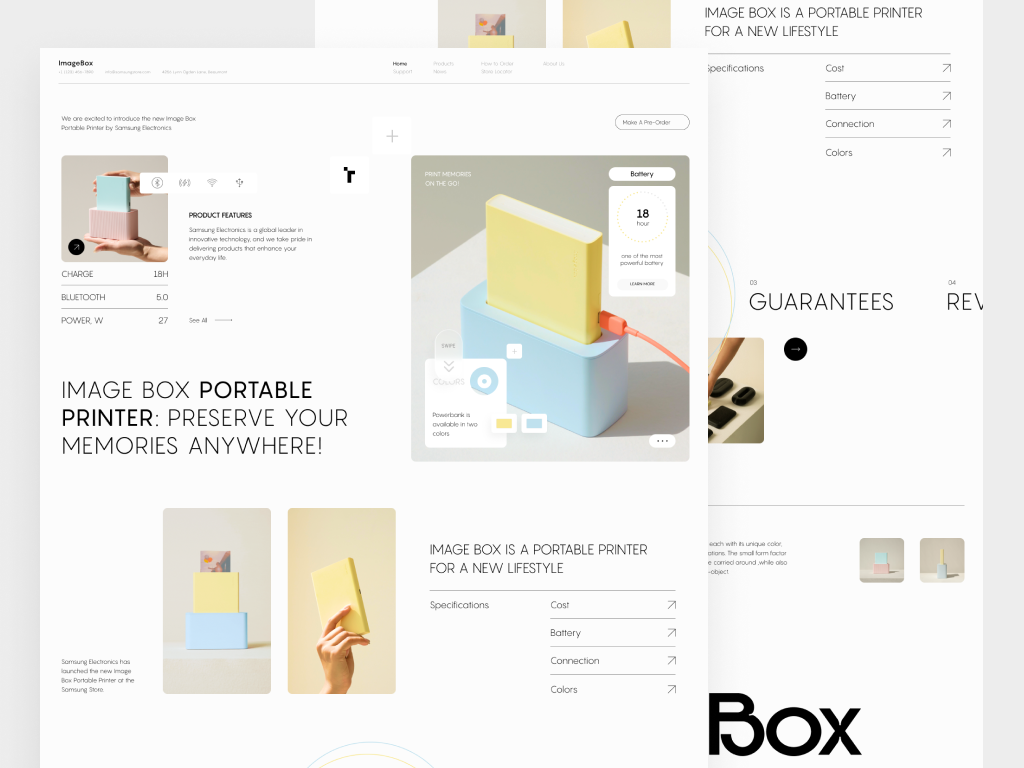 Portable Printer Landing Page cart clean design device e commerce webiste e shop ecommerce homepage interface minimal online shopping portable printer product design purchase retail sales funnel shopify ui ux webdesign