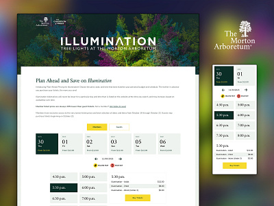 Morton Arboretum • Illumination Ticketing calendar carousel clean comparison dates event grid legend prices responsive ticket times ui website