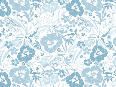 Little Sparrow Surface Pattern Design all over design apparel art licensing birds blue florals botanical floral design flowers forget me nots illustration pattern design peaceful seamless pattern designer sparrows surface pattern design textile design vector pattern