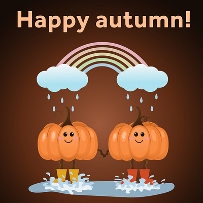 Vector illustration - postcard. Cute pumpkins holding hands. halloween