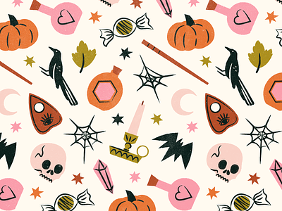 Colorful Feminine Halloween Pattern austin candle candy colorful crow feminine grackle halloween illustration inktober mid century potion skull spooky texture vectober vintage web