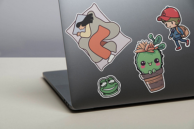 Cute stickers for laptop cactus design frog girl in bed graphic design illustration illustrator laptop postman sticker vector