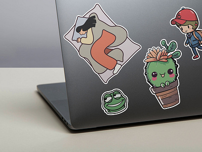 Cute stickers for laptop cactus design frog girl in bed graphic design illustration illustrator laptop postman sticker vector