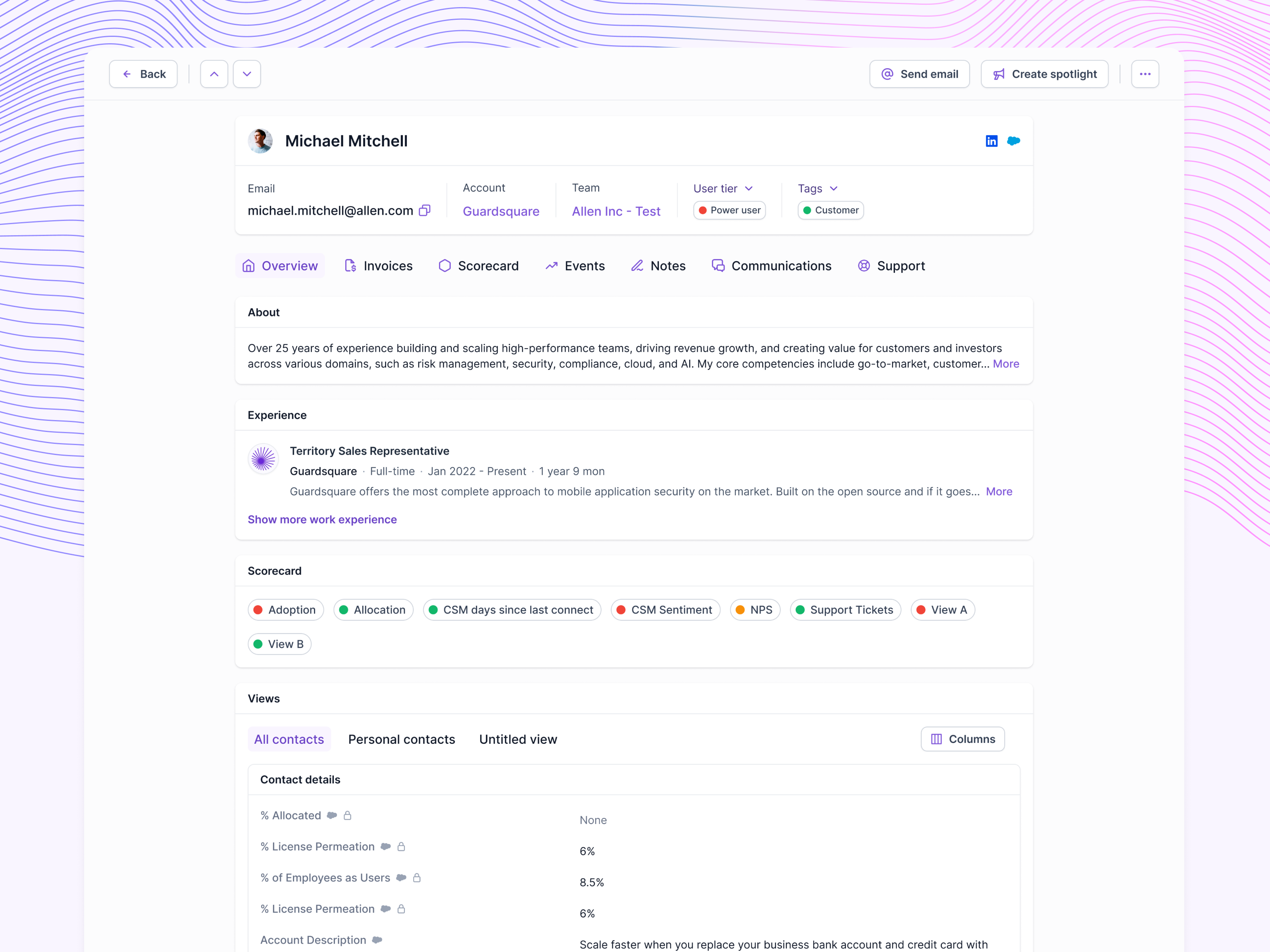 Contact page 6sense about page apollo bio page clari crm history hubspot linkedin profile lusha outreach profile sales sales process salesforce salesloft user profile work experience zapier zoominfo