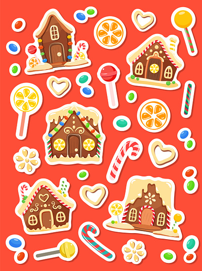 Gingerbread houses sticker set candy cartoon christmas flat gingerbread house graphic design sweets treats vector