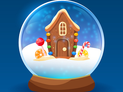 Two magic snow globes candy cartoon christmas flat gingerbread house glow graphic design magic snow snow globe sweets vector winter