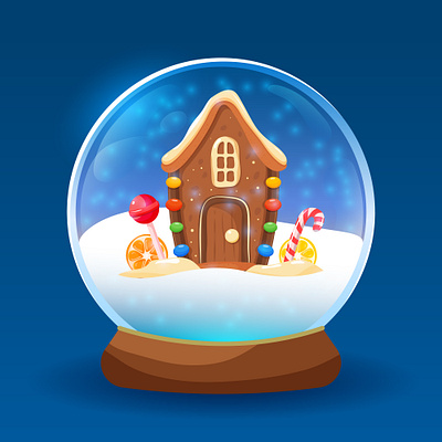 Two magic snow globes candy cartoon christmas flat gingerbread house glow graphic design magic snow snow globe sweets vector winter