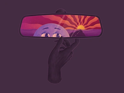 Rear View Mirror cartoon contrast desert face gradient hand illustration mirror music night procreate psychedelic rays reflection road stars sun sunset surreal texture