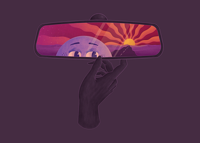 Rear View Mirror cartoon contrast desert face gradient hand illustration mirror music night procreate psychedelic rays reflection road stars sun sunset surreal texture