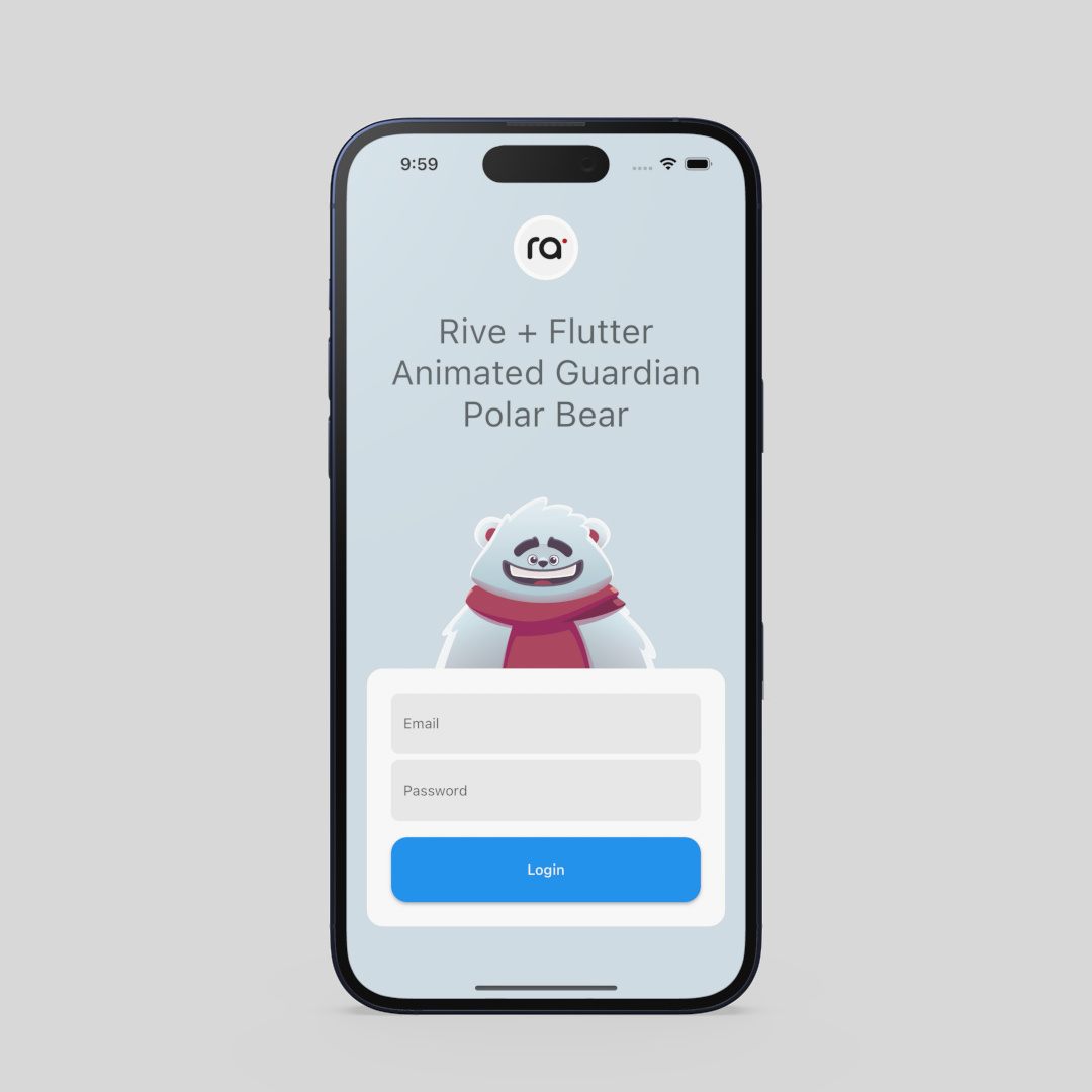 RiveBear Login: Animated Polar Bear Flutter & Rive Widget android animation bear design flutter fun guardian illustration interactive ios login polar rive ruksar ui ux