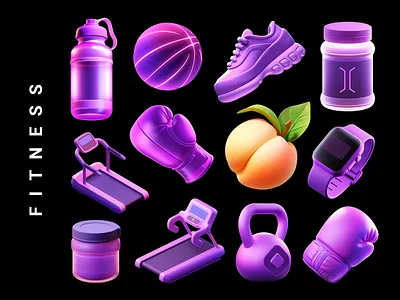 Fitness equipment icons png 3d icons ai generated cartoon cool cute equipment fitness gym icons isolated kettlebell modern png purple set sports training trendy vibrant workout