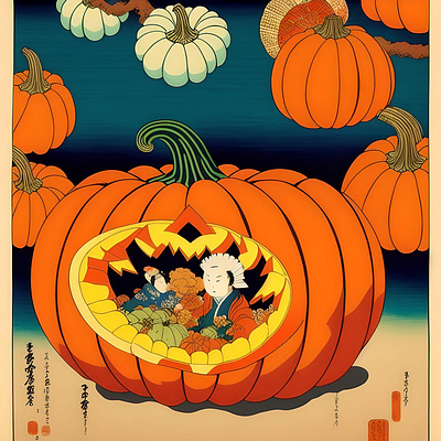 Pumpkin Study - Japanese Style AI - A design flower garden halloween hydrangea illustration pen peony portrait pumpkin sunflower
