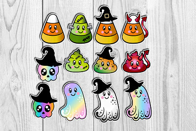 Kawaii Halloween PNG Sticker Bundle candy corn devil frankenstein ghost graphic design halloween stickers illustration kawaii monster png bundle rainbow skulle sticker design witch