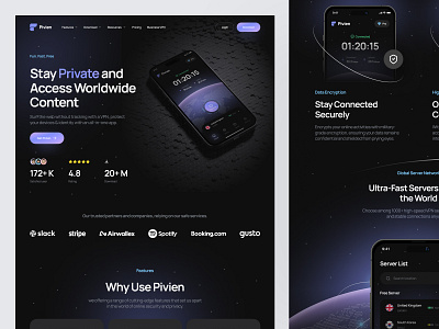 Pivien - VPN Landing Page cyber security dark mode dark ui internet internet security ip network security privacy proxy security server vpn vpn app vpn concept vpn landing page vpn service vpn web vpn website web design