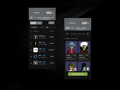 Dark UI of an NFT Trading App app design dark mode dark ui dribbble community dribbleshowcase figma mobile app nft app nft trading app uiux ui ui design user experience user interface ux design uxui