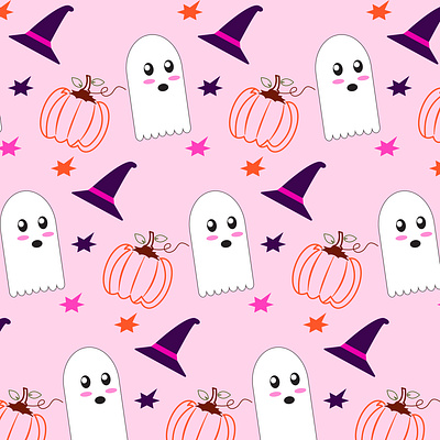 A Halloween pattern with colorful and feminine design. art branding design ghosts graphic design halloween happy halloween hat illustration logo motion graphics pattern pink pumpkin spoonky vector