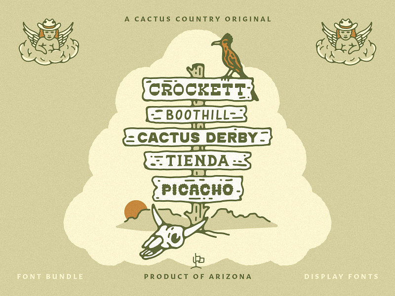 Cactus Country Fonts - Bundle arizona boothill cactus derby cow skull cowboy crockett desert display font dusty font bundle fonts grit hand drawn font picacho tienda typeface western wooden sign