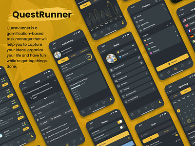 QuestRunner - Task Manager with gamification achieve app application buy character coins dark design gamification goal gold mobile mobile application quest statistics task task manager ui ux yellow
