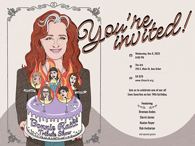 The Bonnie Raitt Tribute Show - Event Poster & Invite adobe illustrator attendance birthday poster commissioned work custom art event event poster illustration invitation invite poster marketing open mic performance poster print design singing vector art