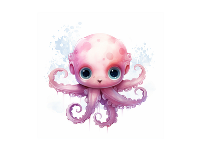 Cute Sea Animal Octopus With Round Eyes Illustration kids art