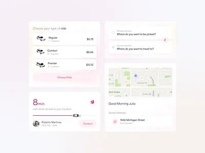 Ride Booking App - Component and Widget app car sharing clean component design dynamic island ios minimal ride app ride booking ride hailing ride sharing riding app taxi taxi booking transportation transportation app uber ui widget