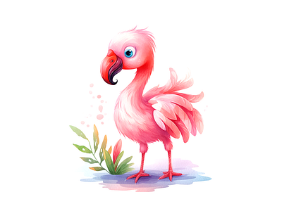 Cute pink flamingo with big round eyes cheerful