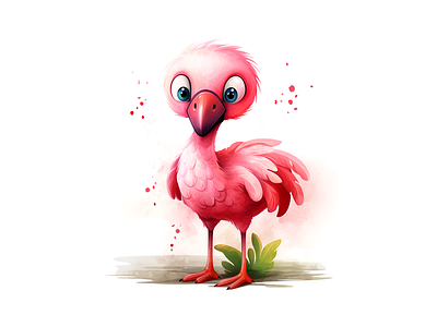 Cute pink flamingo with big round eyes cheerful