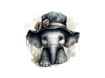 Cute black baby elephant wearing hat joyful