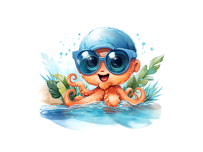 Cute Octopus swim in water illustration joyful