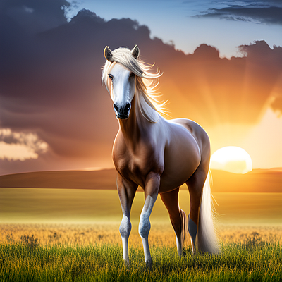 "A Majestic Brown and White Horse in a Sunset Landscape"