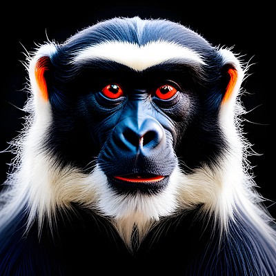 "Intense Gaze of a Black and White Monkey with Red Eyes"