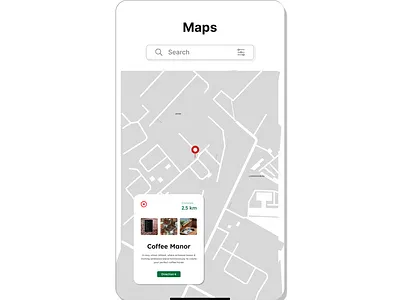 A map view screen with top search-bar and small modal popup daily ui map view ui