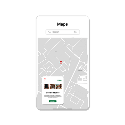 A map view screen with top search-bar and small modal popup daily ui map view ui