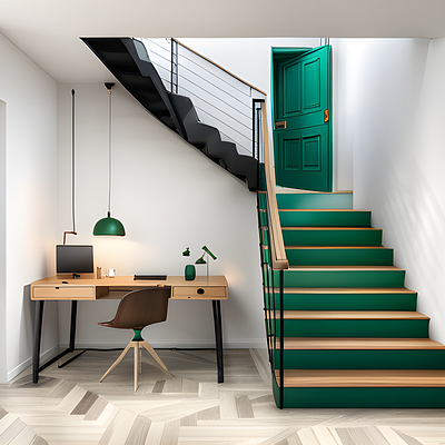 "A Cozy Home Office with Green Stairs and a Herringbone Floor"