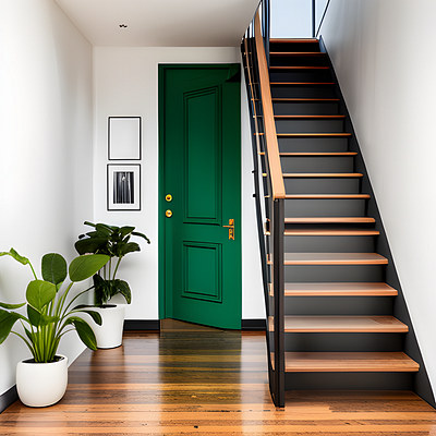 "A Stylish and Elegant Staircase with a Green Door and Two Potte