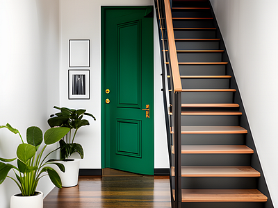 "A Stylish and Elegant Staircase with a Green Door and Two Potte