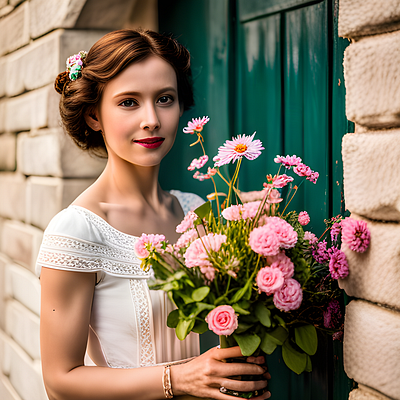"A Glimpse of Elegance: A Woman Holding a Bouquet of Pink Flower