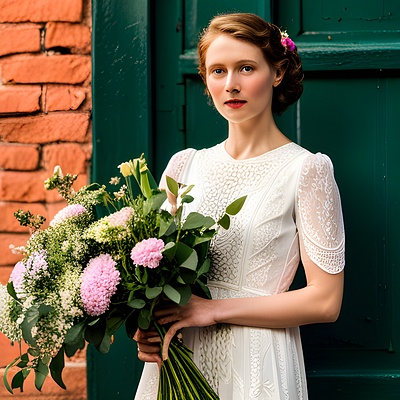 "A Bride's Timeless Beauty: A Wedding Bouquet and a Green Door"