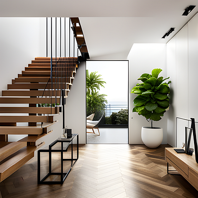 "A Modern Living Room with a Wooden Staircase and a View of the
