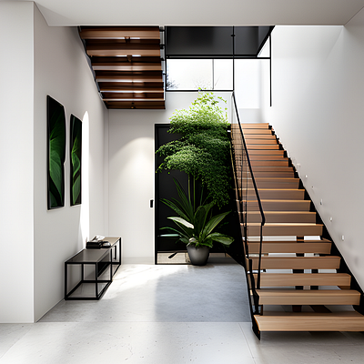 "A Modern Interior with Staircase, Potted Plant, and Paintings"
