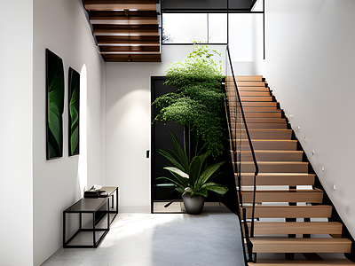 "A Modern Interior with Staircase, Potted Plant, and Paintings"