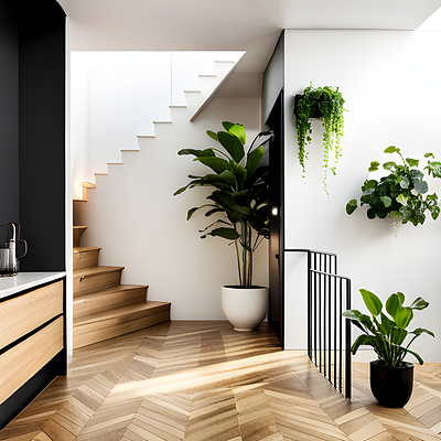 "A Modern and Stylish Interior with Wooden Floor and Potted Plan